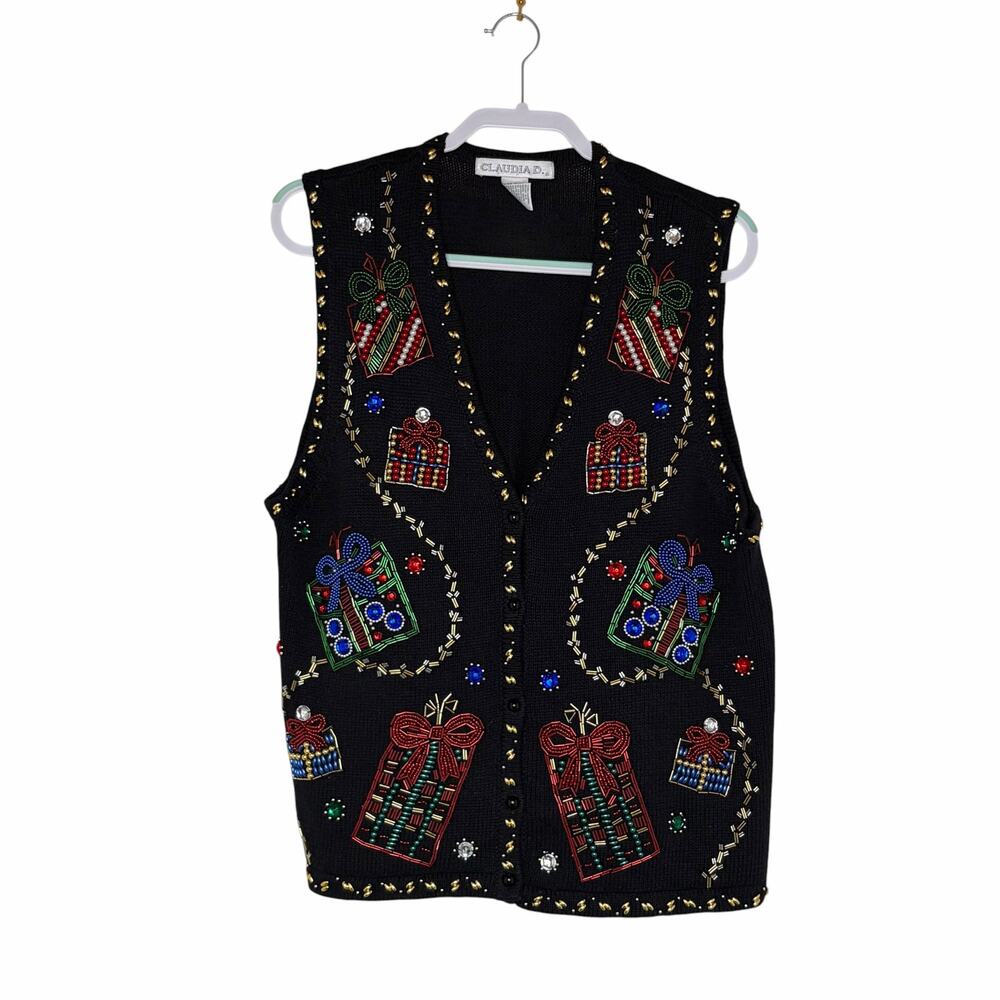 Claudia D Christmas Sweater Vest L Black Beaded Embroidered Gift Box 97 Vintage